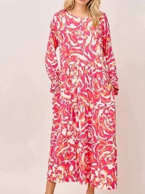 Celeste Pink & Cream Swirl Tiered Maxi Dress